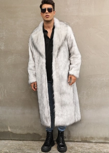 Detailed macro shot of the textured grey and white faux fur lapel on men's winter overcoat