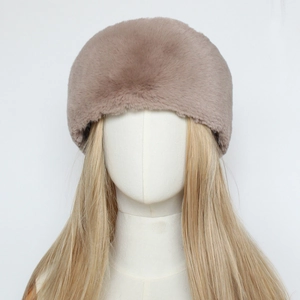 Detail of soft faux fur winter headband for women in dusty pink morandi color