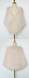 Front and back detail of a plush light beige faux fur shawl wrap on a mannequin