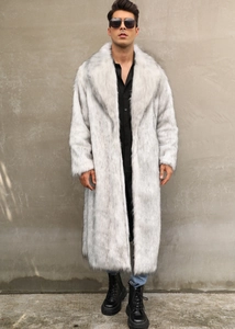 Men's faux fur long coat with wide lapel in white and grey texture, streetwear style