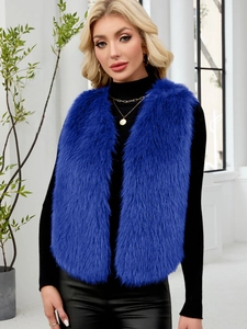 Gilet en fausse fourrure bleu roi avec col en V pour femme, veste d'hiver sans manches douce