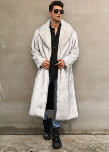 Detail of grey faux fur coat featuring high-quality texture and wide lapel collar