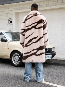 Men's zebra stripe faux fox fur long coat in pink with wide collar street style fashion