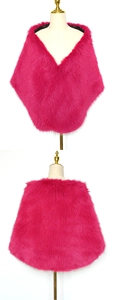 Front and back detail of rose red faux fox fur shawl with luxurious long pile texture