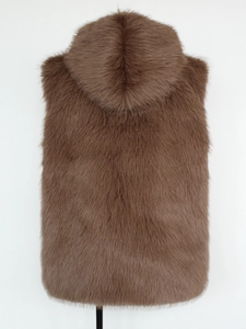 Back view of brown faux fur hooded vest with long plush texture and H-line design