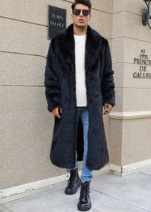 Black long faux fur coat for men with wide lapel collar and dense glossy texture