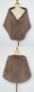 Detailed front and back views of a luxurious brown faux fox fur shawl on a mannequin