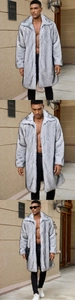 Detail of plush grey faux fur coat for men with wide lapels and thick texture