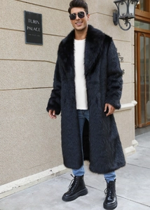 Macro detail of high-quality black faux fur material on long men's lapel coat