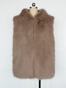 Detailed macro view showing the dense brown faux fox fur texture of this men's hooded vest