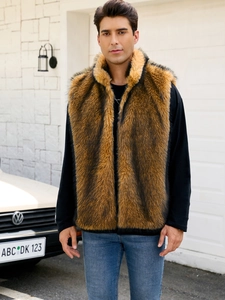 Gilet en fausse fourrure pour hommes en peluche marron et noir avec col montant chic