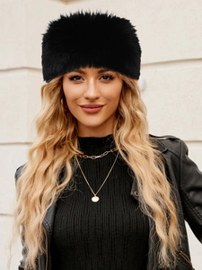 Fashionable black faux fur headpiece for winter, warm plush headband for women outdoors