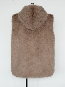 Macro shot showing high-quality faux fur texture and hood detail on men's taupe vest