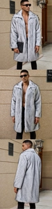 Detailed views of men's long faux fur coat featuring a large lapel and thick grey texture