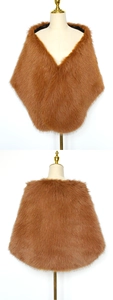 Detailed front and back view of brown faux fur shawl with black inner lining