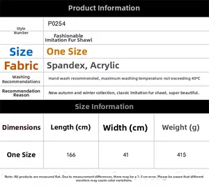 Size chart for faux fox fur shawl showing dimensions 166x41cm and fabric details