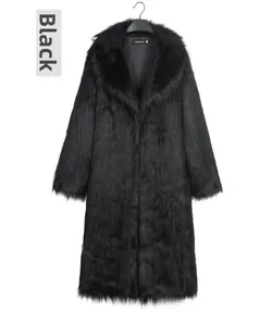 Detailed view of black faux fur coat collar with high-quality plush texture and brand label