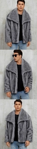 Dettaglio di un cappotto in ecopelliccia grigia da uomo con ampio ed elegante revers