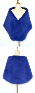 Macro shot of royal blue faux fox fur shawl showing lush texture and plush wrap detail