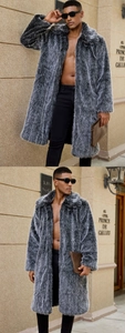 Macro view of long-pile faux fur texture on men's winter coat with wide lapel design