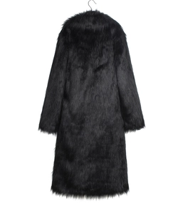 Detailed back view of long faux fur coat in black with plush texture and luxurious sheen