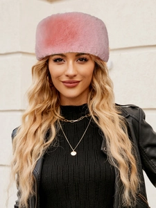 Women's warm pink faux fur winter headband hat featuring fluffy texture and stylish design