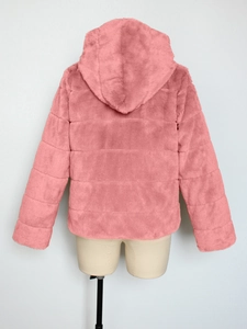 Detail view of pink faux rabbit fur jacket with horizontal quilting and plush hooded design