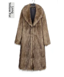 Close-up of yellow long faux fur texture and lapel design on men long coat