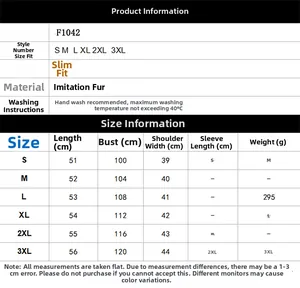 Size guide for women's faux fur sleeveless vest with measurements from size S to 3XL