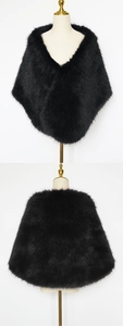 Detail of luxurious black faux fur shawl showing plush texture and elegant wrap design