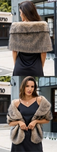 Luxurious brown and black faux fur shawl with rich plush texture over a silk dress