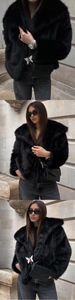Detailed views of a black faux fox fur jacket with a turnover collar in a collage display