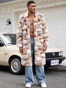 Manteau Long en Fausse Fourrure pour Homme Imprimé Camouflage Chaud Hiver Pardessus en Peluche Mode Revers Simple Boutonnage Streetwear Veste