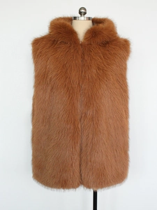 Detailed view of the soft brown faux fur texture and hood on this men's winter vest