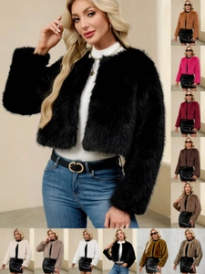 Veste Courte en Fausse Fourrure Élégante pour Femme Hiver Chaud Couleur Unie Col Rond Manches Longues Vêtements d'Extérieur en Peluche Manteau Court à la Mode