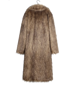Detailed close-up of brown faux fur texture and large lapel on long men coat