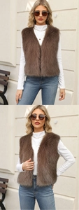 Detailed view of women's plush brown faux fur vest with soft texture and chic V-neck
