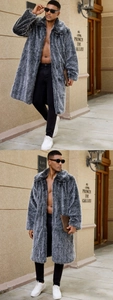 Detail of premium faux fox fur coat for men featuring thick texture and animal pattern