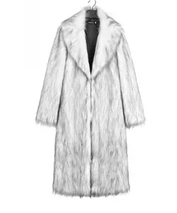 Macro shot of dense faux fox fur texture and lapel collar on white winter long coat