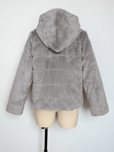 Back view of a grey faux fur hooded jacket with horizontal quilted stripe texture