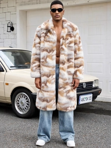 Manteau long en fausse fourrure pour homme avec col à revers et texture contrastée