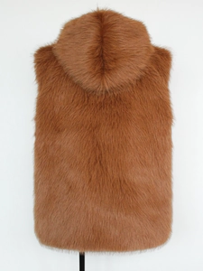 Back view of a tan faux fur hooded vest with thick fluffy texture for men's winter style