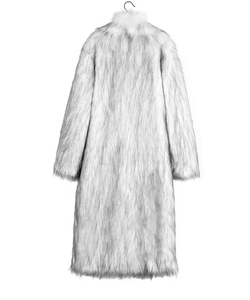 Detailed texture view of long faux fur coat in light grey with premium plush finish