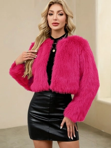 Veste courte en fausse fourrure rose vif pour femme avec design ouvert sans col