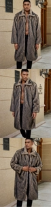 Detail of grey-brown long faux fur coat featuring thick plush texture and large lapel