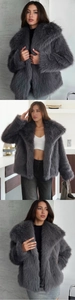 Detailed view of women's dark grey faux fur coat featuring a wide lapel and plush texture
