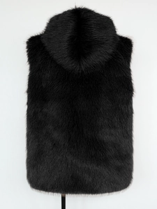 Front view of men's black faux fur hooded vest showing soft texture and premium quality