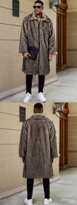 Front and back view of men's long faux fur coat with lapels in brownish grey plush texture