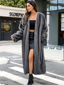 Schicker langer grauer Kunstpelzmantel für Damen mit V-Ausschnitt für Herbst und Winter
