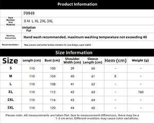 Size chart showing S-3XL dimensions for leopard print faux fur coat with washing tips